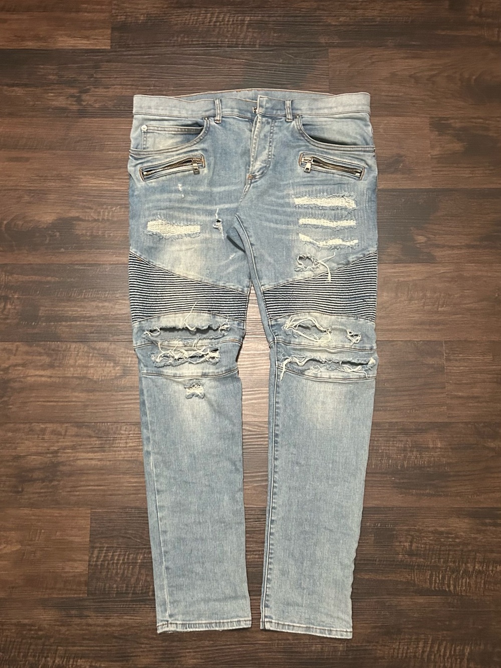 Balmain Light Blue Distressed Skinny Jeans
